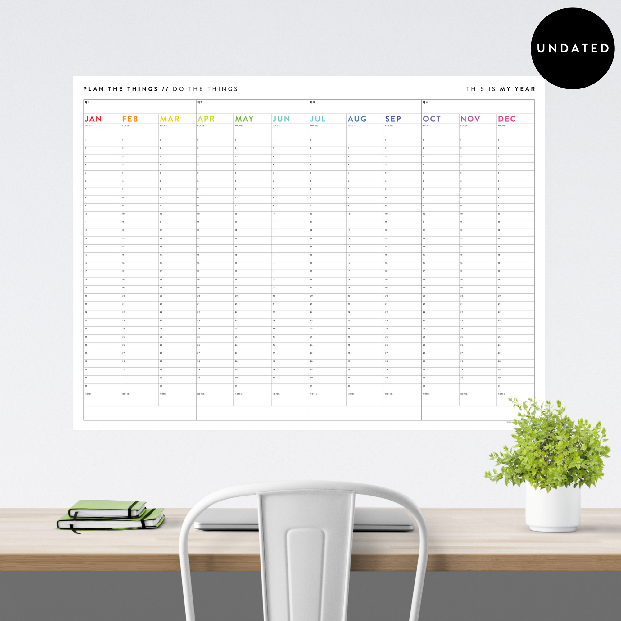 UNDATED PERPETUAL / FOREVER WALL CALENDAR - ANNUAL + QUARTERLY PLANNING