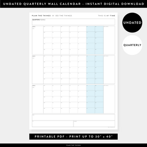 PRINTABLE UNDATED QUARTERLY WALL CALENDAR - MONDAY START - BLUE WEEKENDS - INSTANT DOWNLOAD