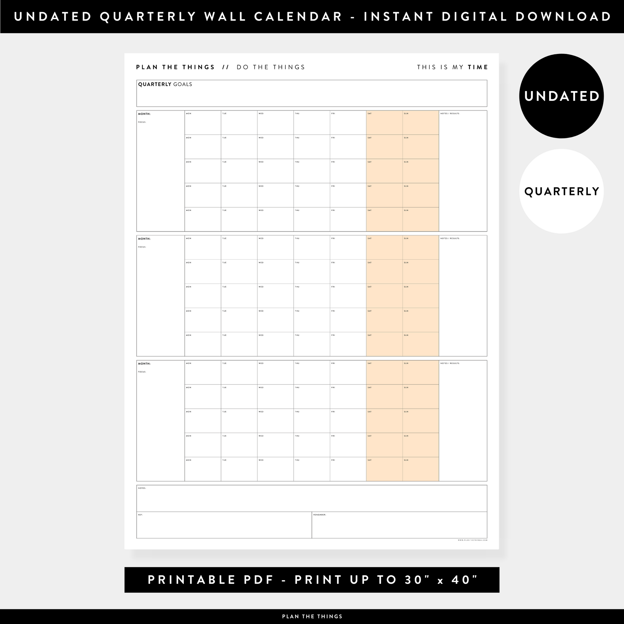 PRINTABLE UNDATED QUARTERLY WALL CALENDAR - MONDAY START - ORANGE WEEKENDS - INSTANT DOWNLOAD