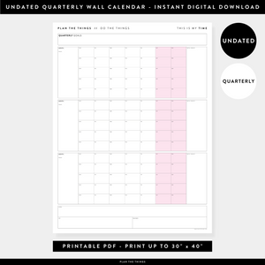 PRINTABLE UNDATED QUARTERLY WALL CALENDAR - MONDAY START - PINK WEEKENDS - INSTANT DOWNLOAD