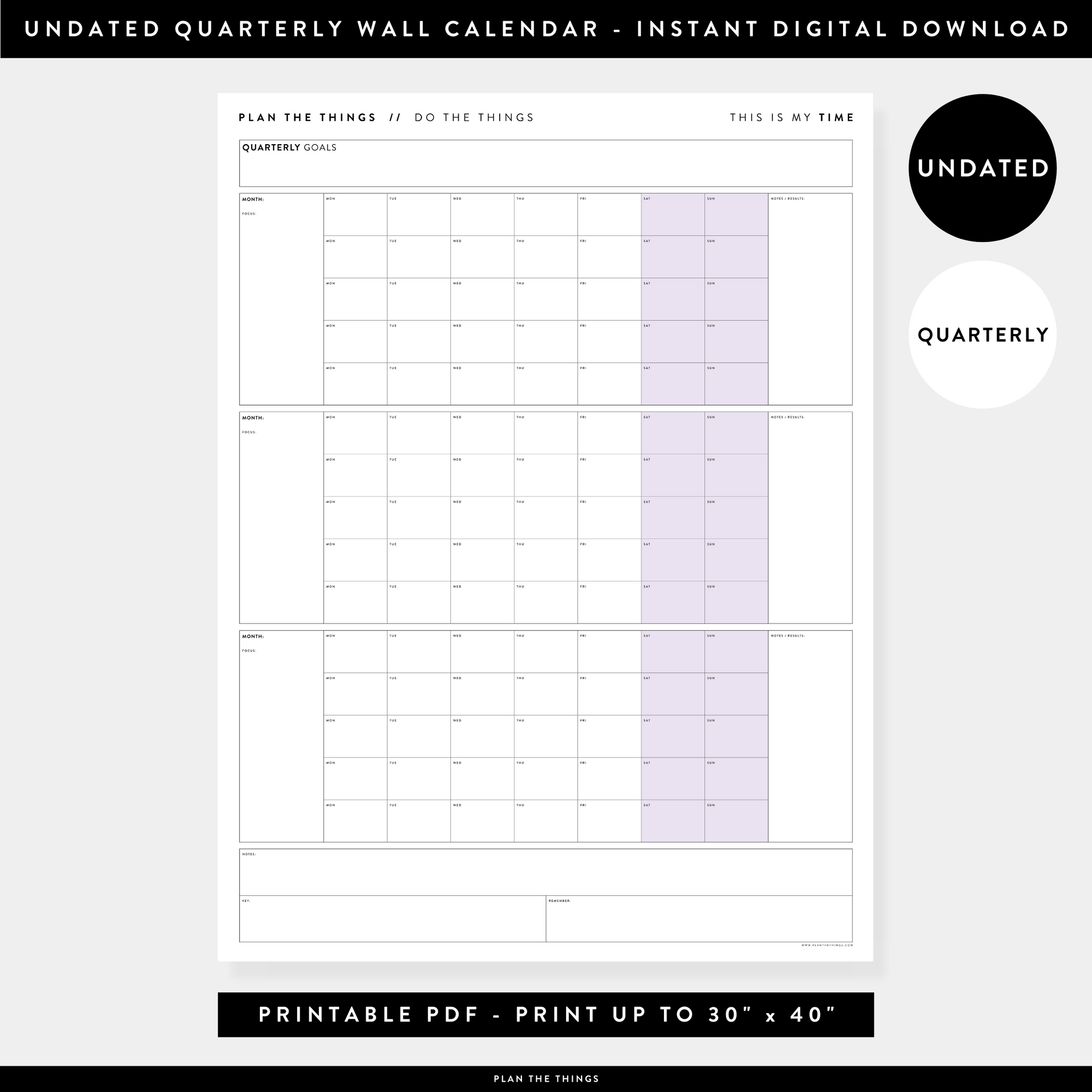 PRINTABLE UNDATED QUARTERLY WALL CALENDAR - MONDAY START - PURPLE WEEKENDS - INSTANT DOWNLOAD