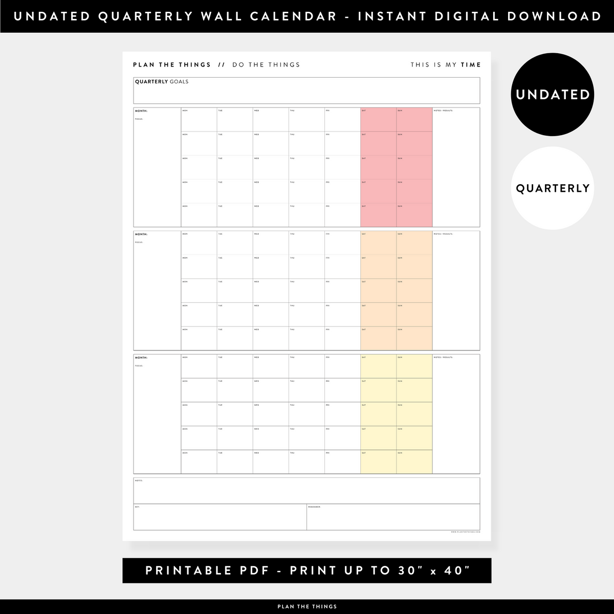 PRINTABLE UNDATED QUARTERLY WALL CALENDAR - MONDAY START - RAINBOW (1) WEEKENDS - INSTANT DOWNLOAD