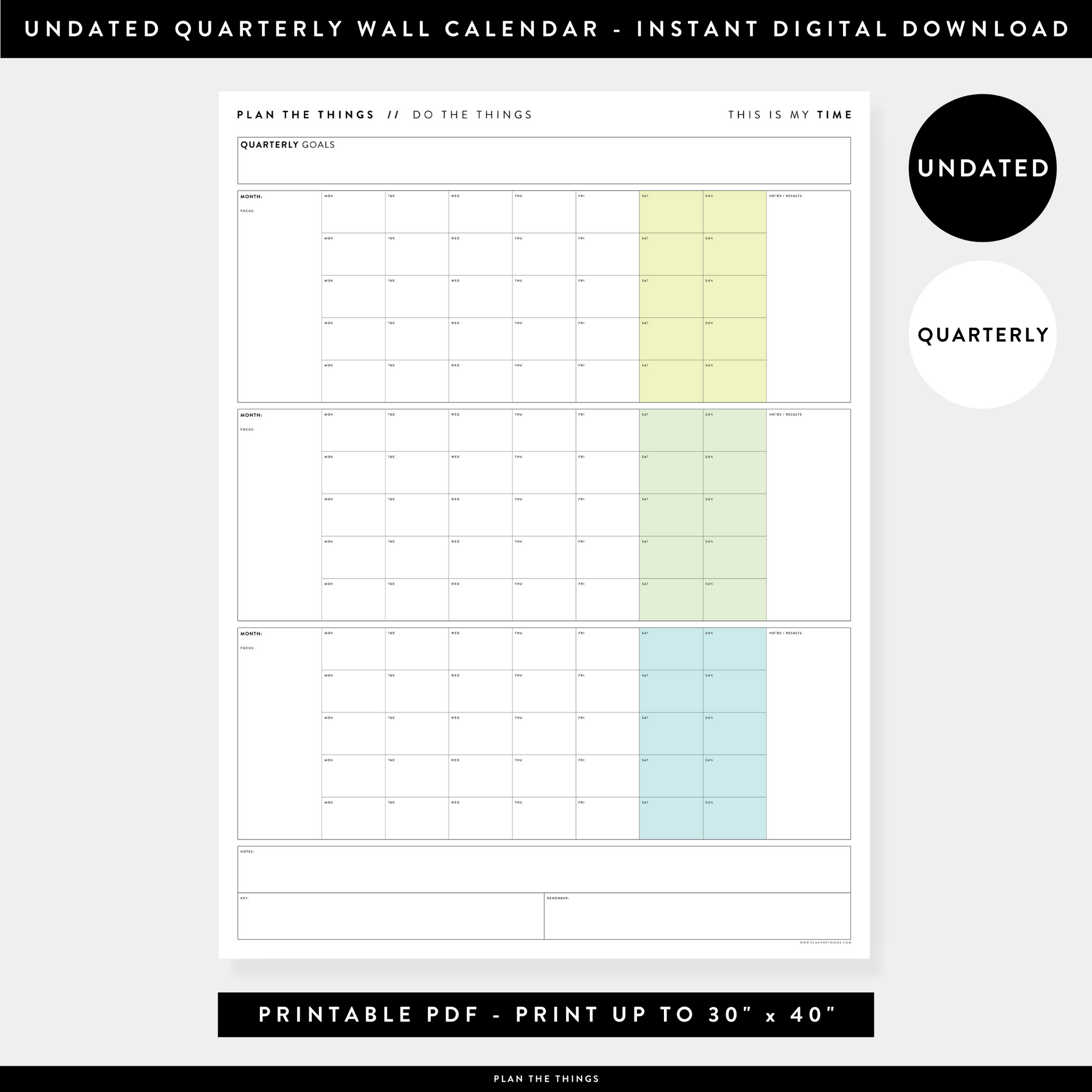 PRINTABLE UNDATED QUARTERLY WALL CALENDAR - MONDAY START - RAINBOW (2) WEEKENDS - INSTANT DOWNLOAD