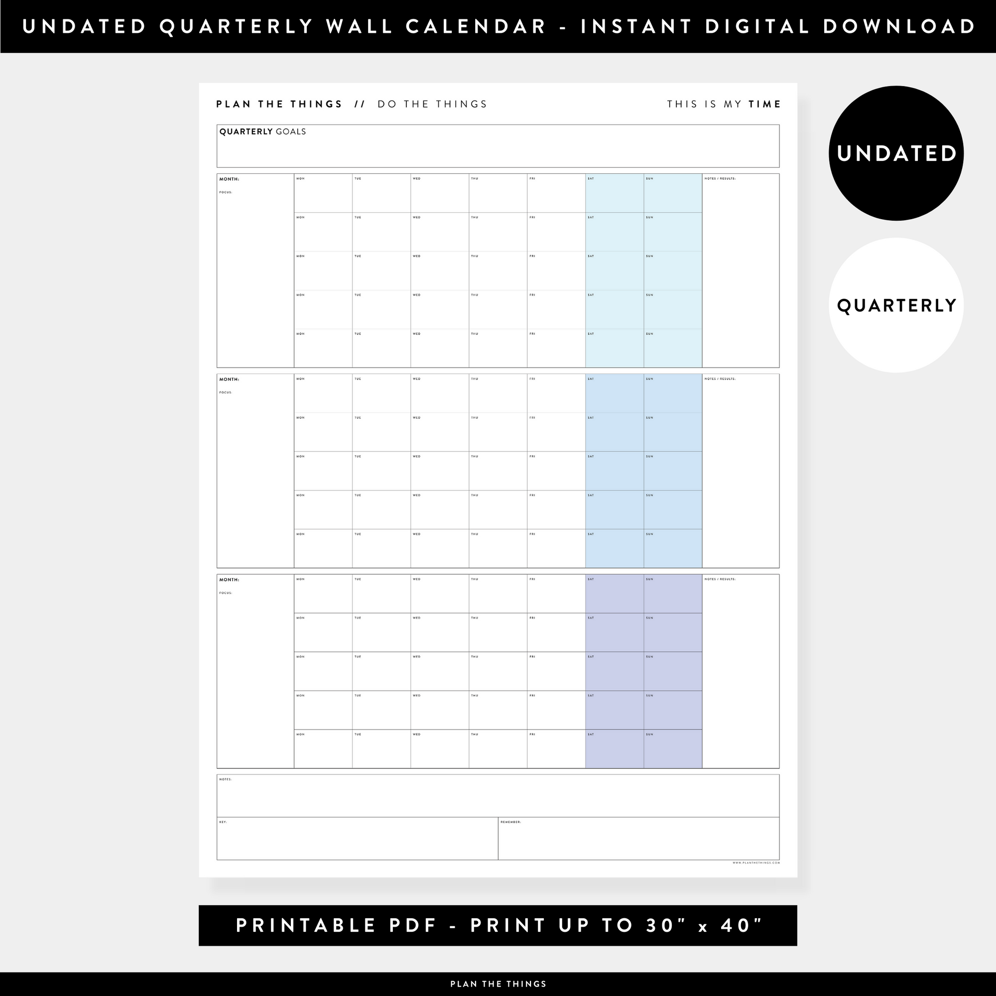 PRINTABLE UNDATED QUARTERLY WALL CALENDAR - MONDAY START - RAINBOW (3) WEEKENDS - INSTANT DOWNLOAD