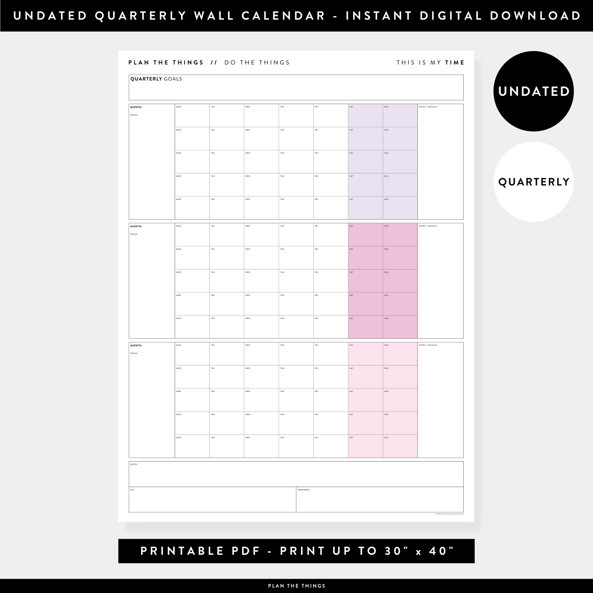 PRINTABLE UNDATED QUARTERLY WALL CALENDAR - MONDAY START - RAINBOW (4) WEEKENDS - INSTANT DOWNLOAD