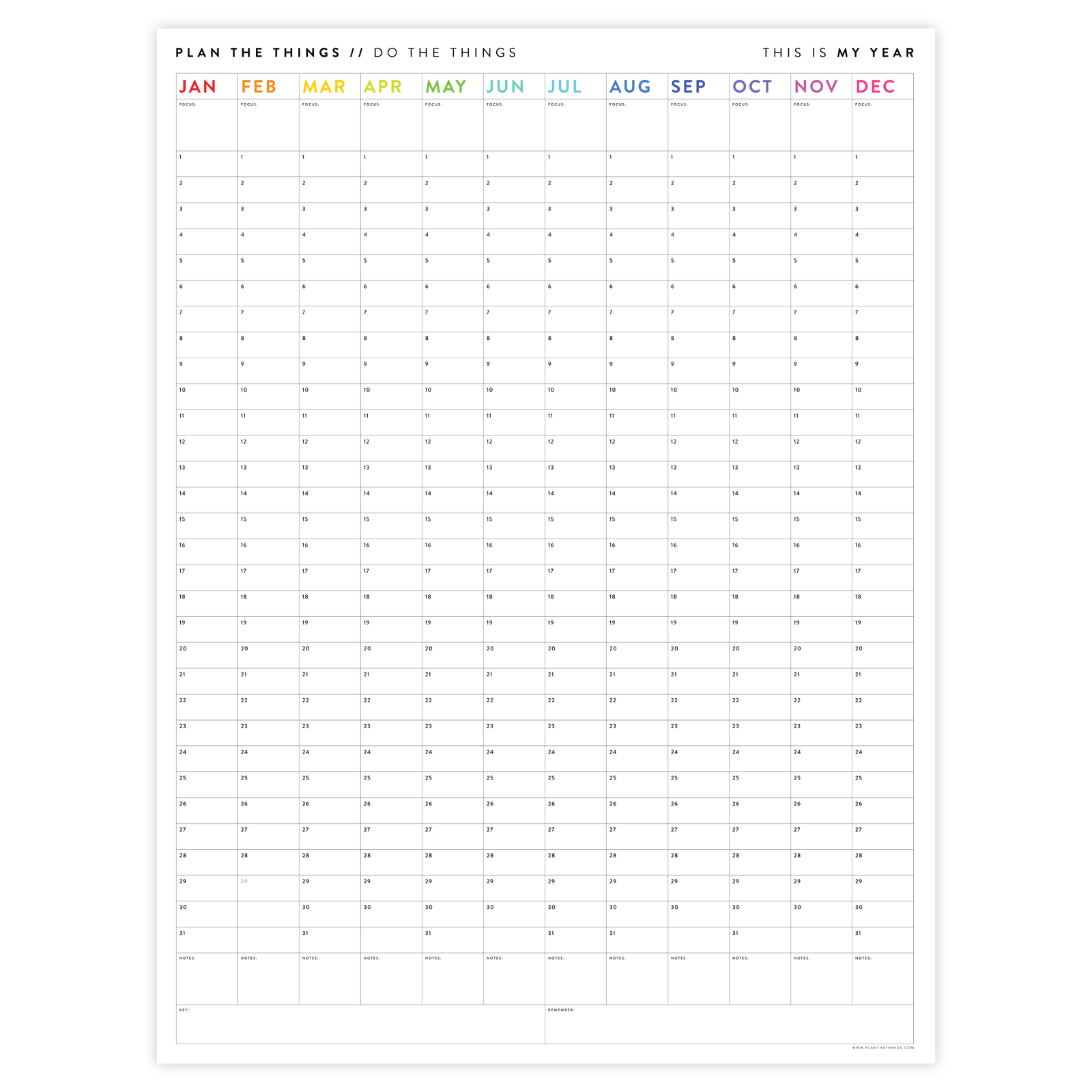 GIANT UNDATED PERPETUAL WALL CALENDAR / BIRTHDAY CALENDAR (VERTICAL / RAINBOW)