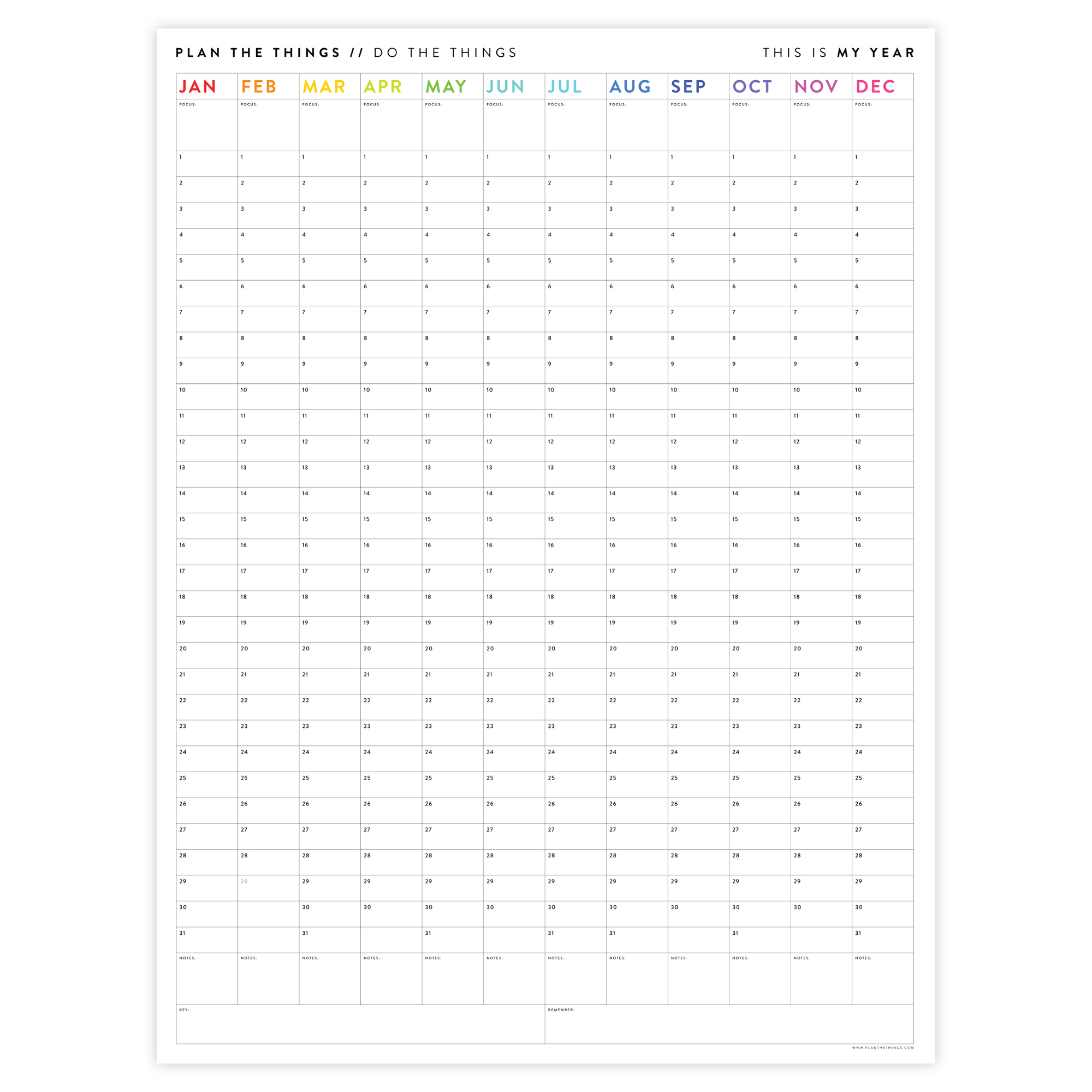 GIANT UNDATED PERPETUAL WALL CALENDAR / BIRTHDAY CALENDAR (VERTICAL / RAINBOW)