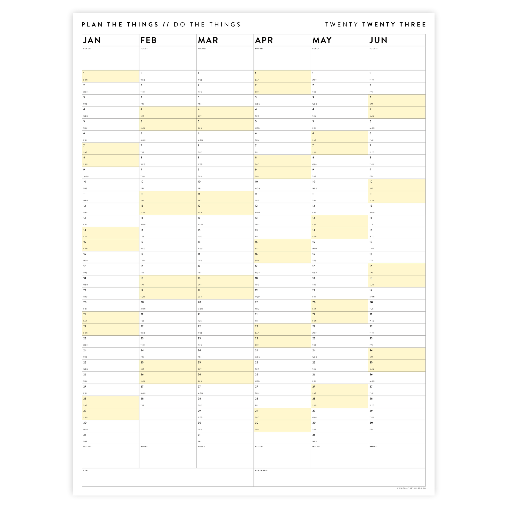 PRINTABLE SIX MONTH 2023 WALL CALENDAR SET WITH YELLOW WEEKENDS - INSTANT DOWNLOAD