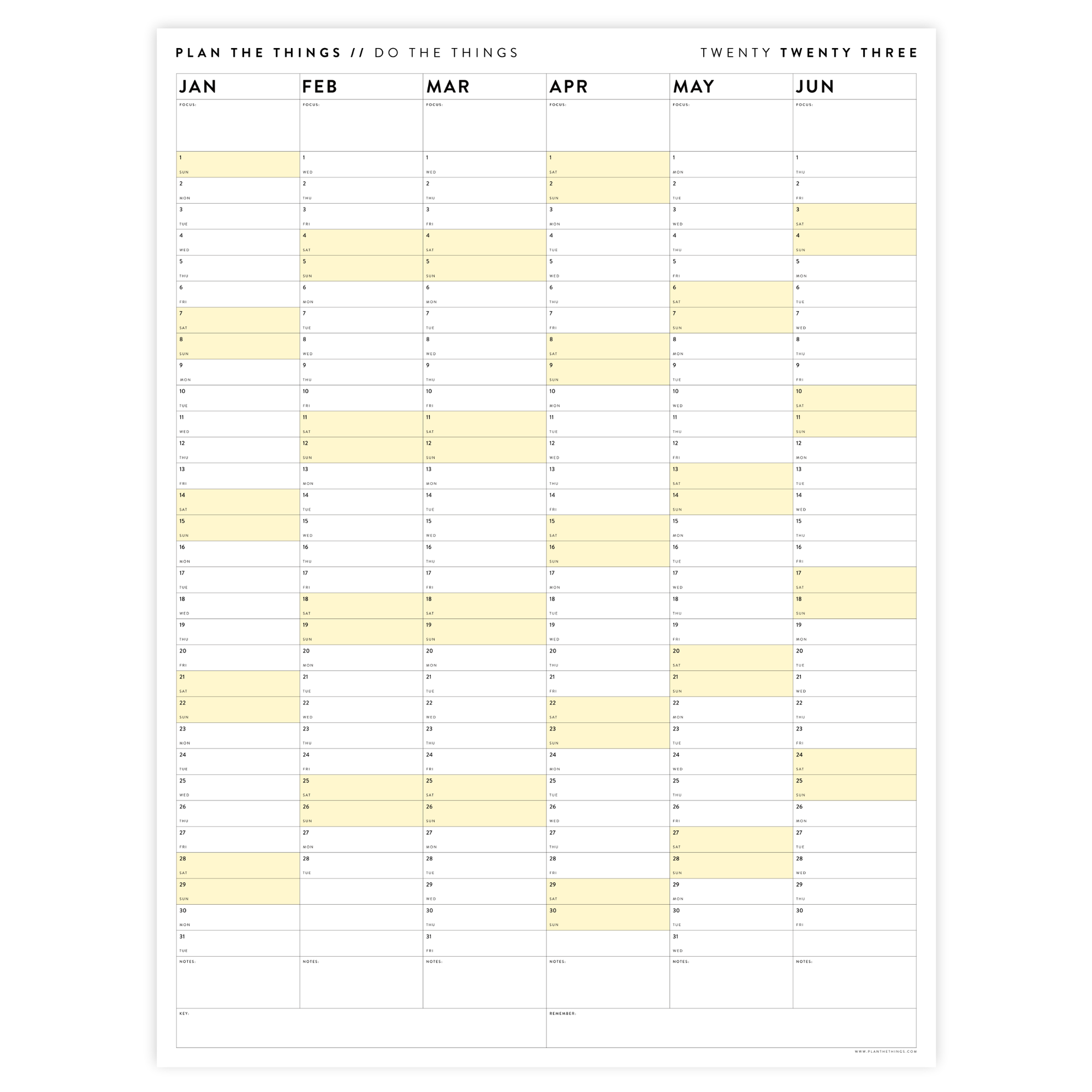 PRINTABLE SIX MONTH 2023 WALL CALENDAR (JANUARY TO JUNE) WITH YELLOW WEEKENDS - INSTANT DOWNLOAD