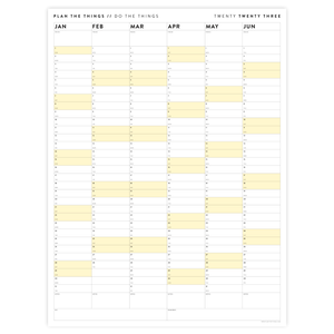 PRINTABLE SIX MONTH 2023 WALL CALENDAR (JANUARY TO JUNE) WITH YELLOW WEEKENDS - INSTANT DOWNLOAD