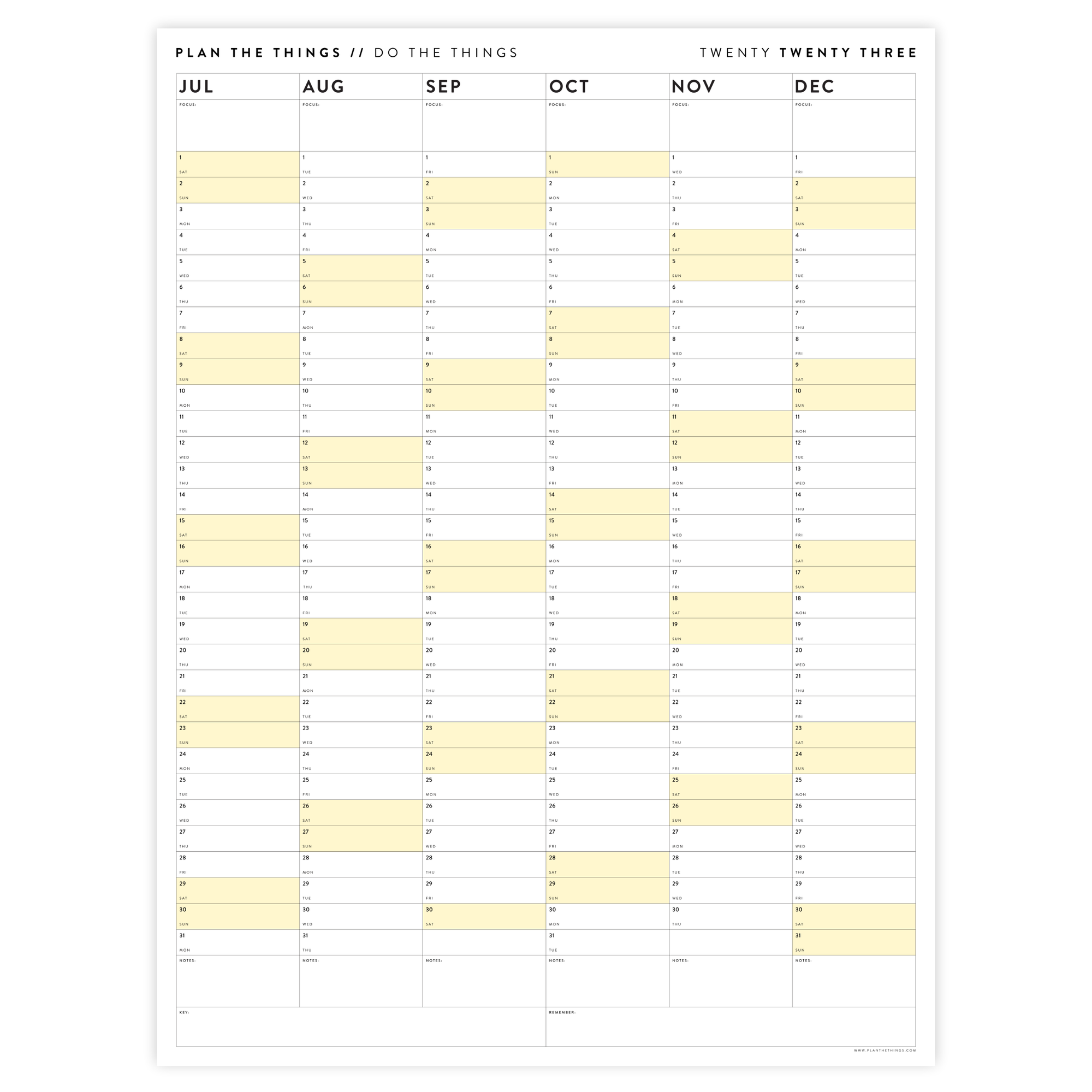 PRINTABLE SIX MONTH 2023 WALL CALENDAR (JULY TO DECEMBER) WITH YELLOW WEEKENDS - INSTANT DOWNLOAD