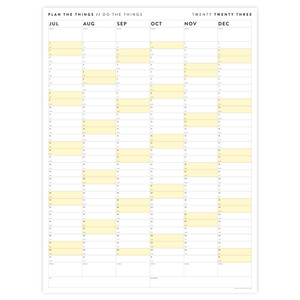 PRINTABLE SIX MONTH 2023 WALL CALENDAR (JULY TO DECEMBER) WITH YELLOW WEEKENDS - INSTANT DOWNLOAD