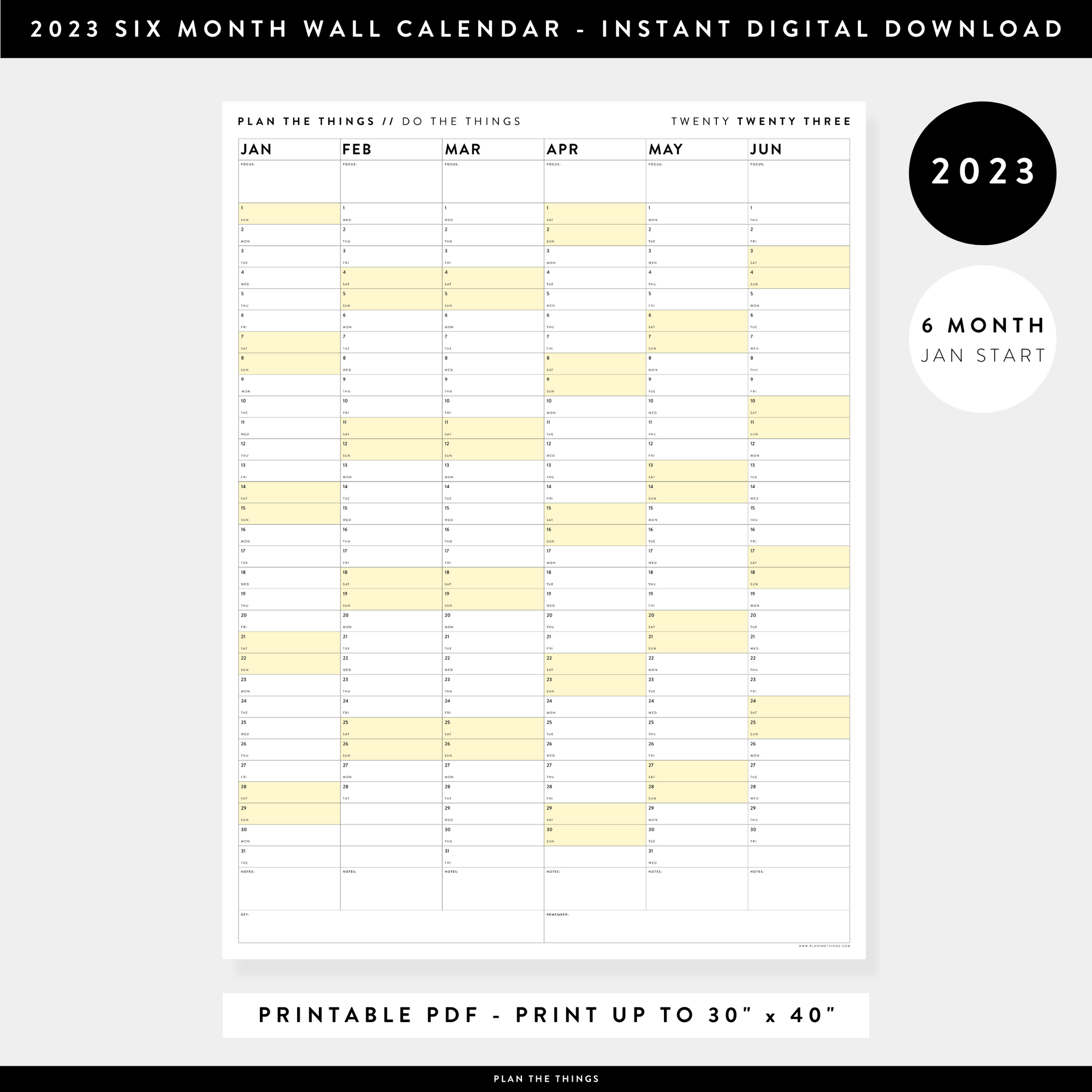 PRINTABLE SIX MONTH 2023 WALL CALENDAR (JANUARY TO JUNE) WITH YELLOW WEEKENDS - INSTANT DOWNLOAD