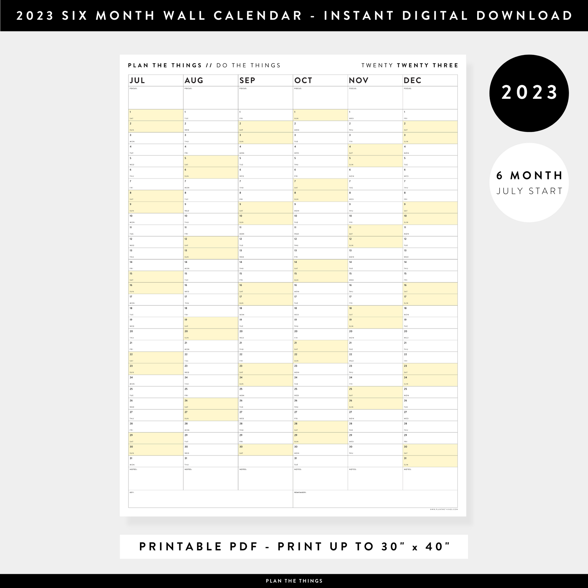 PRINTABLE SIX MONTH 2023 WALL CALENDAR (JULY TO DECEMBER) WITH YELLOW WEEKENDS - INSTANT DOWNLOAD