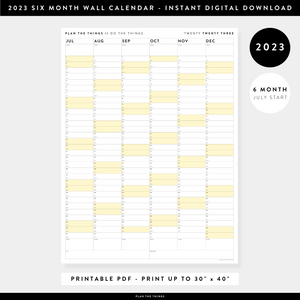 PRINTABLE SIX MONTH 2023 WALL CALENDAR (JULY TO DECEMBER) WITH YELLOW WEEKENDS - INSTANT DOWNLOAD