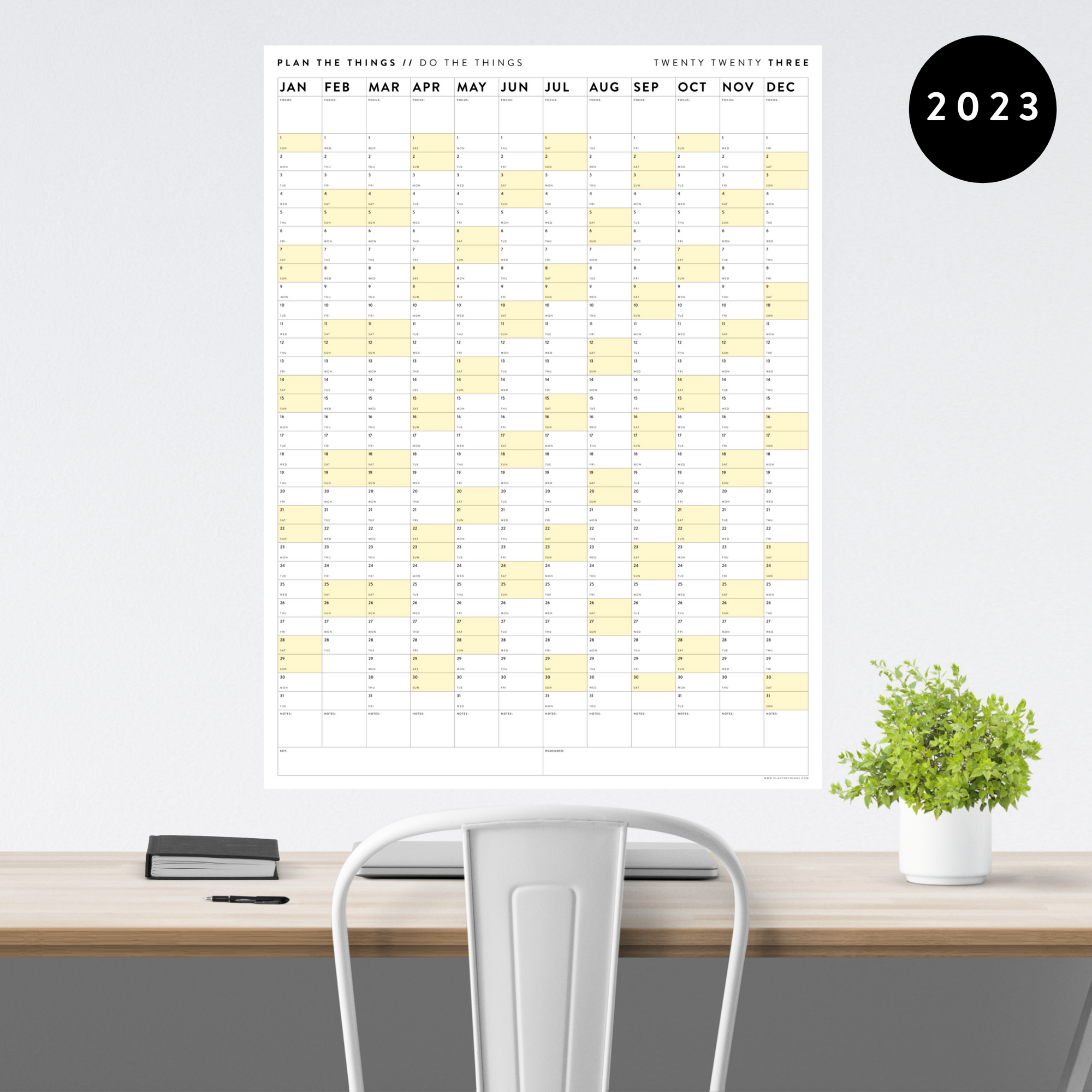 GIANT 2023 WALL CALENDAR | VERTICAL WITH YELLOW WEEKENDS