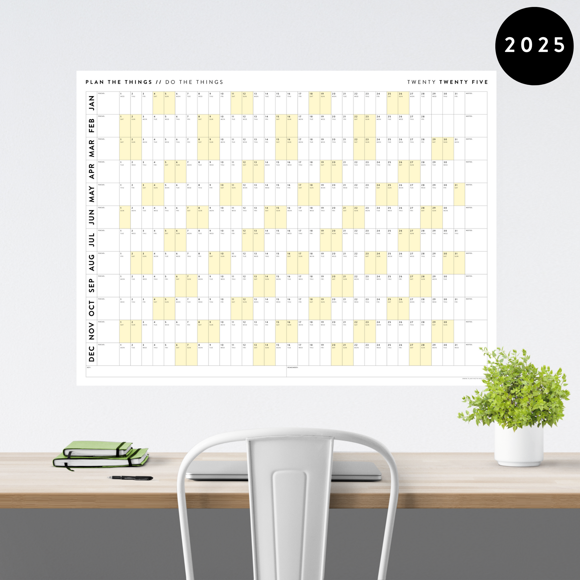 GIANT 2025 ANNUAL WALL CALENDAR | HORIZONTAL WITH YELLOW WEEKENDS