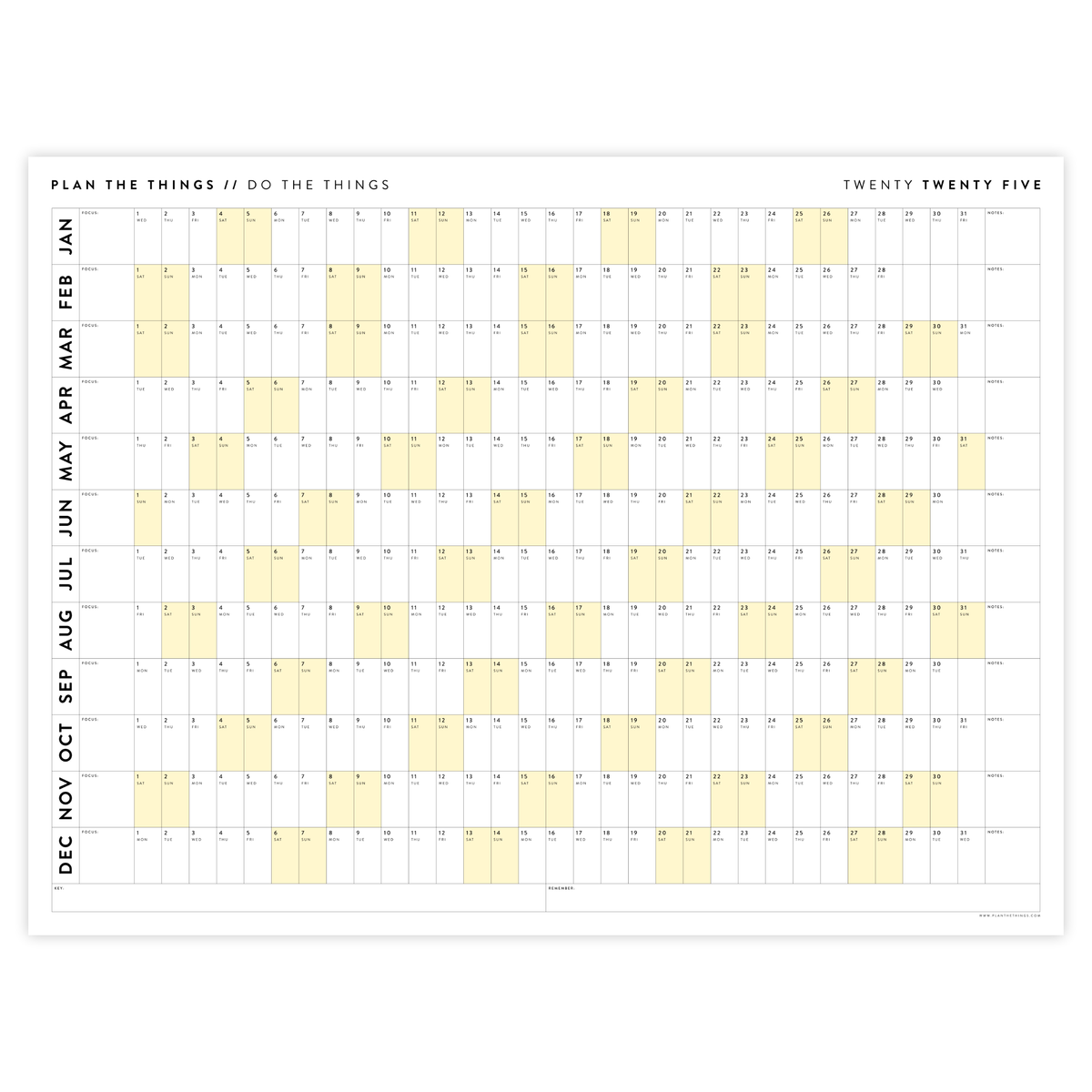 GIANT 2025 ANNUAL WALL CALENDAR | HORIZONTAL WITH YELLOW WEEKENDS