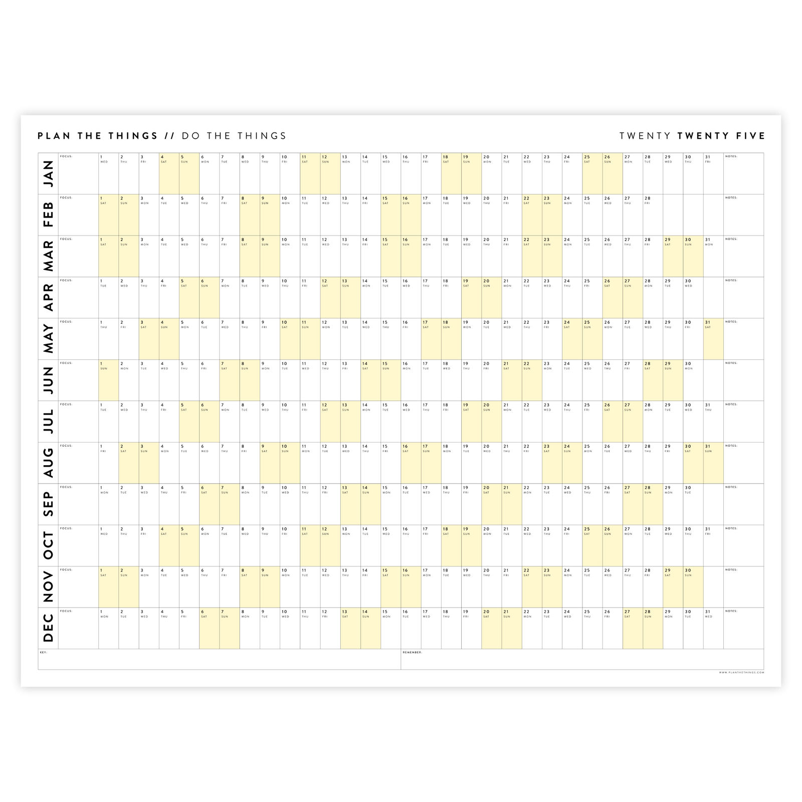GIANT 2025 ANNUAL WALL CALENDAR | HORIZONTAL WITH YELLOW WEEKENDS