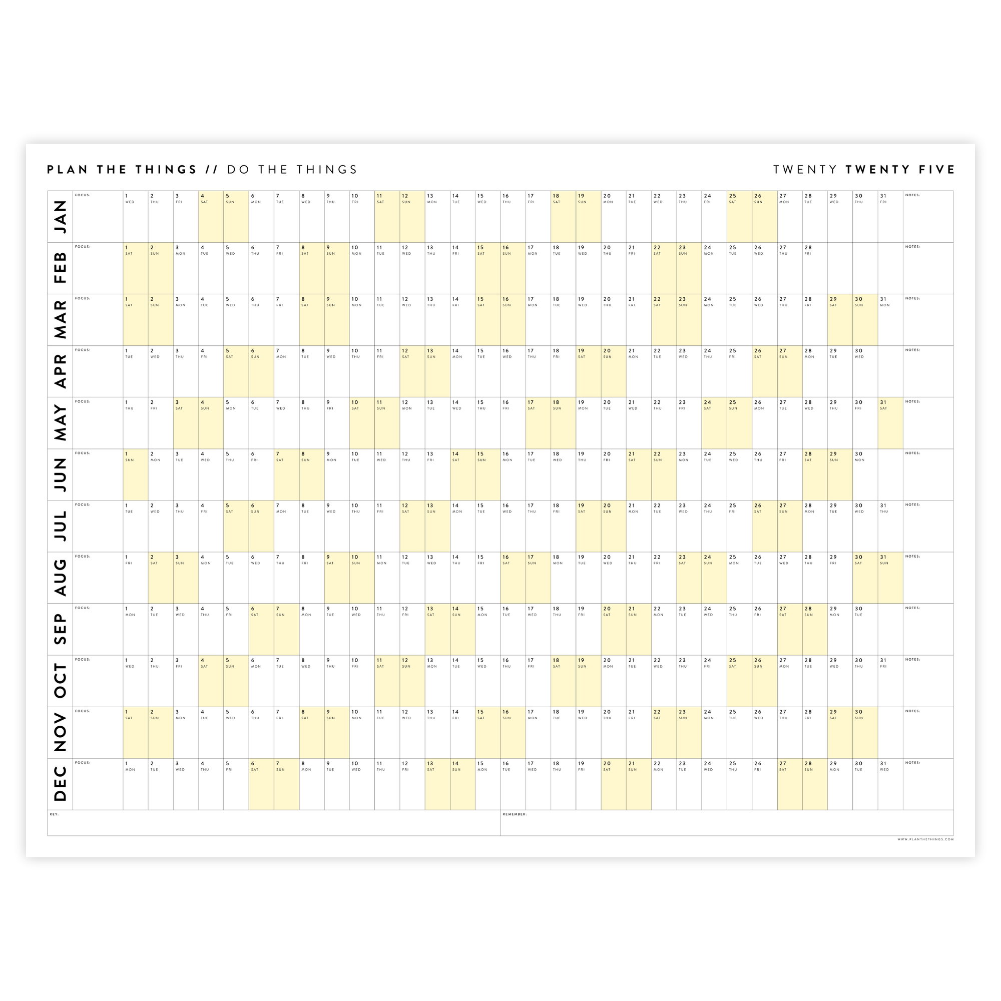 PRINTABLE 2025 HORIZONTAL WALL CALENDAR WITH YELLOW WEEKENDS - INSTANT DOWNLOAD