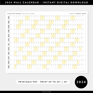 PRINTABLE HORIZONTAL 2024 WALL CALENDAR WITH YELLOW WEEKENDS - INSTANT DOWNLOAD