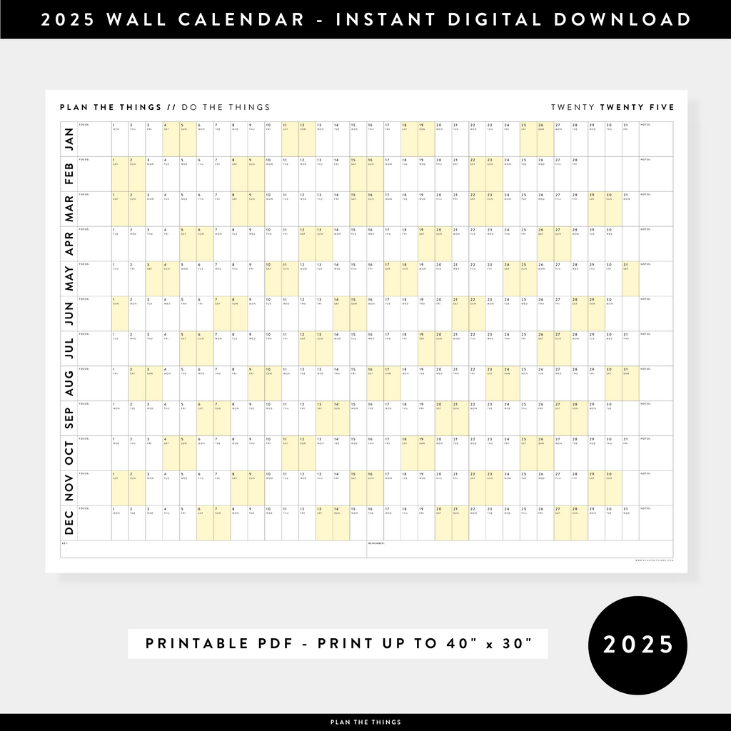 PRINTABLE 2025 HORIZONTAL WALL CALENDAR WITH YELLOW WEEKENDS