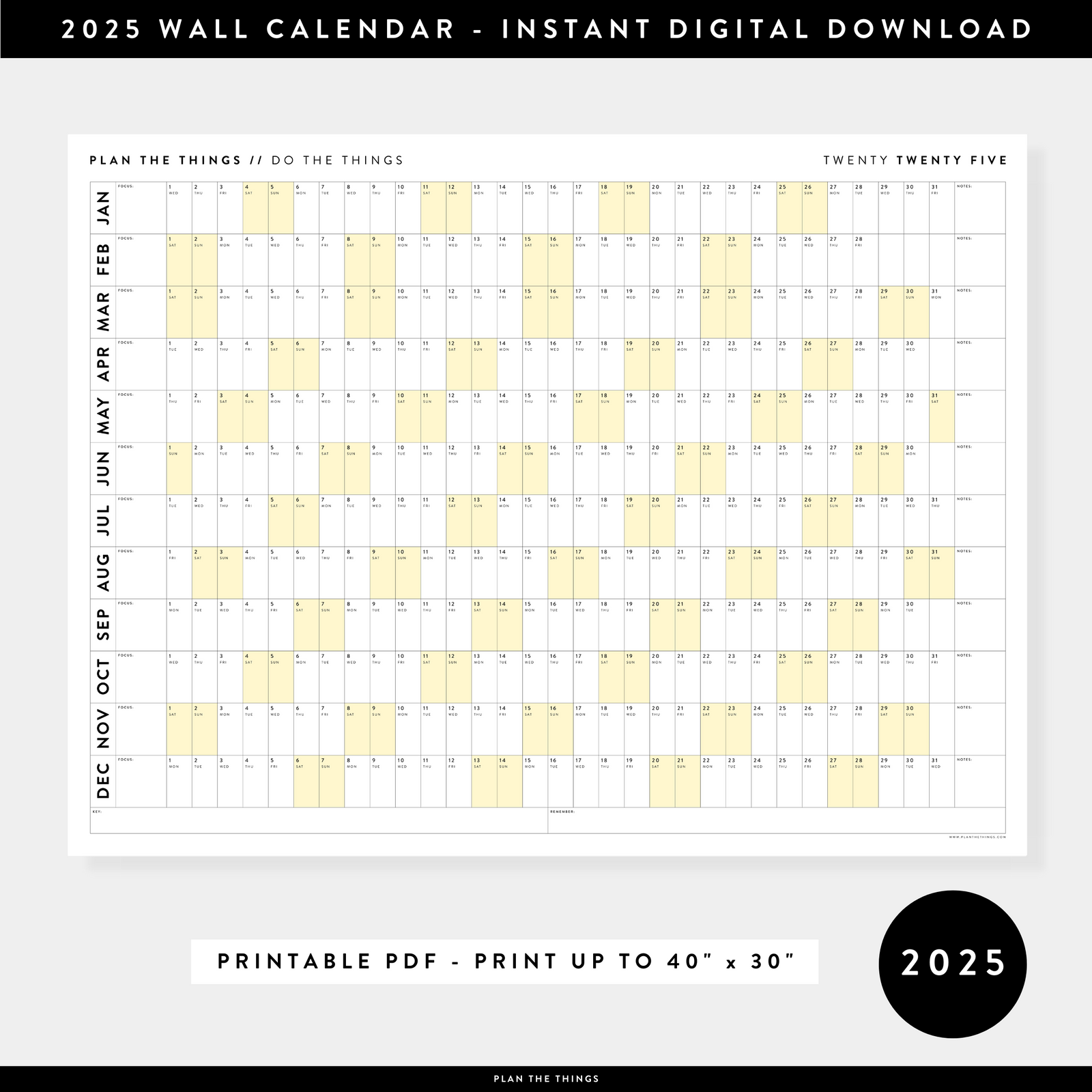 PRINTABLE 2025 HORIZONTAL WALL CALENDAR WITH YELLOW WEEKENDS - INSTANT DOWNLOAD