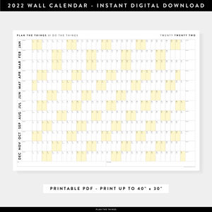 PRINTABLE HORIZONTAL 2022 WALL CALENDAR WITH YELLOW WEEKENDS - INSTANT DOWNLOAD