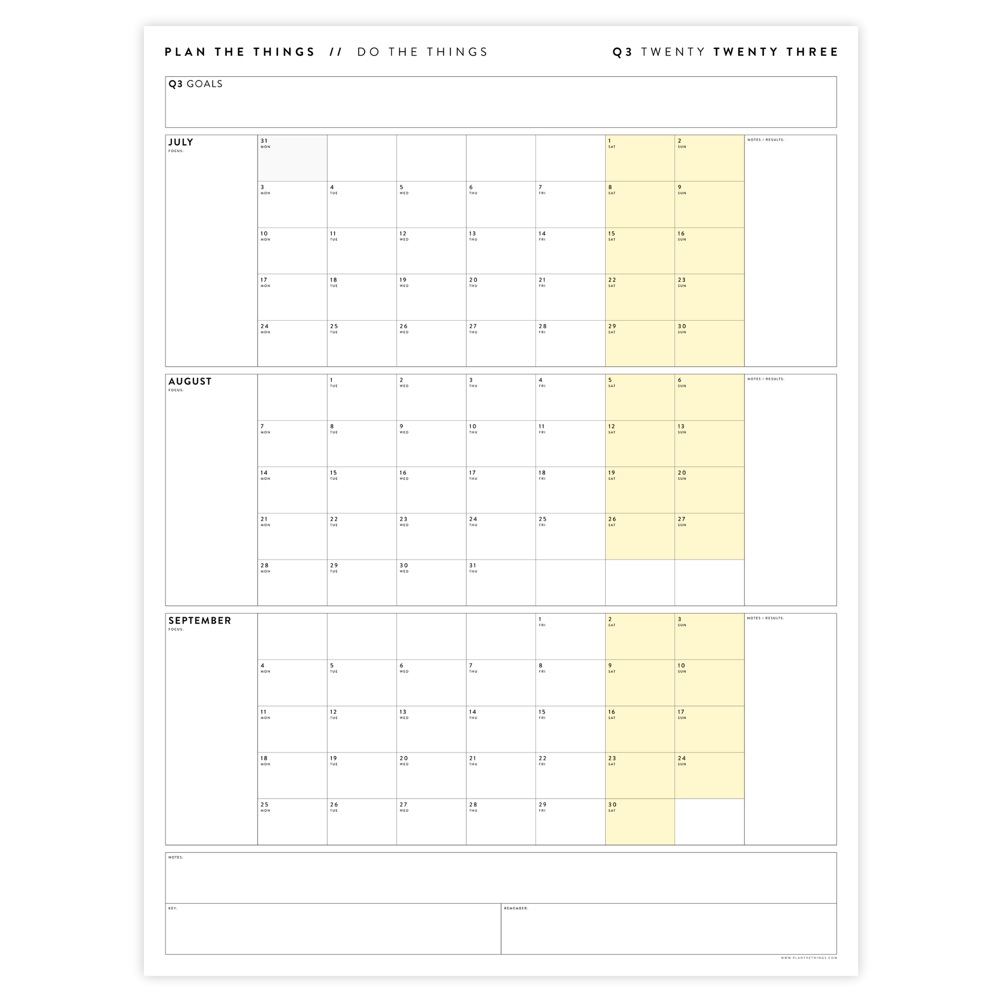 PRINTABLE Q3 (JULY - SEPTEMBER) 2023 QUARTERLY WALL CALENDAR (YELLOW) - INSTANT PDF DOWNLOAD