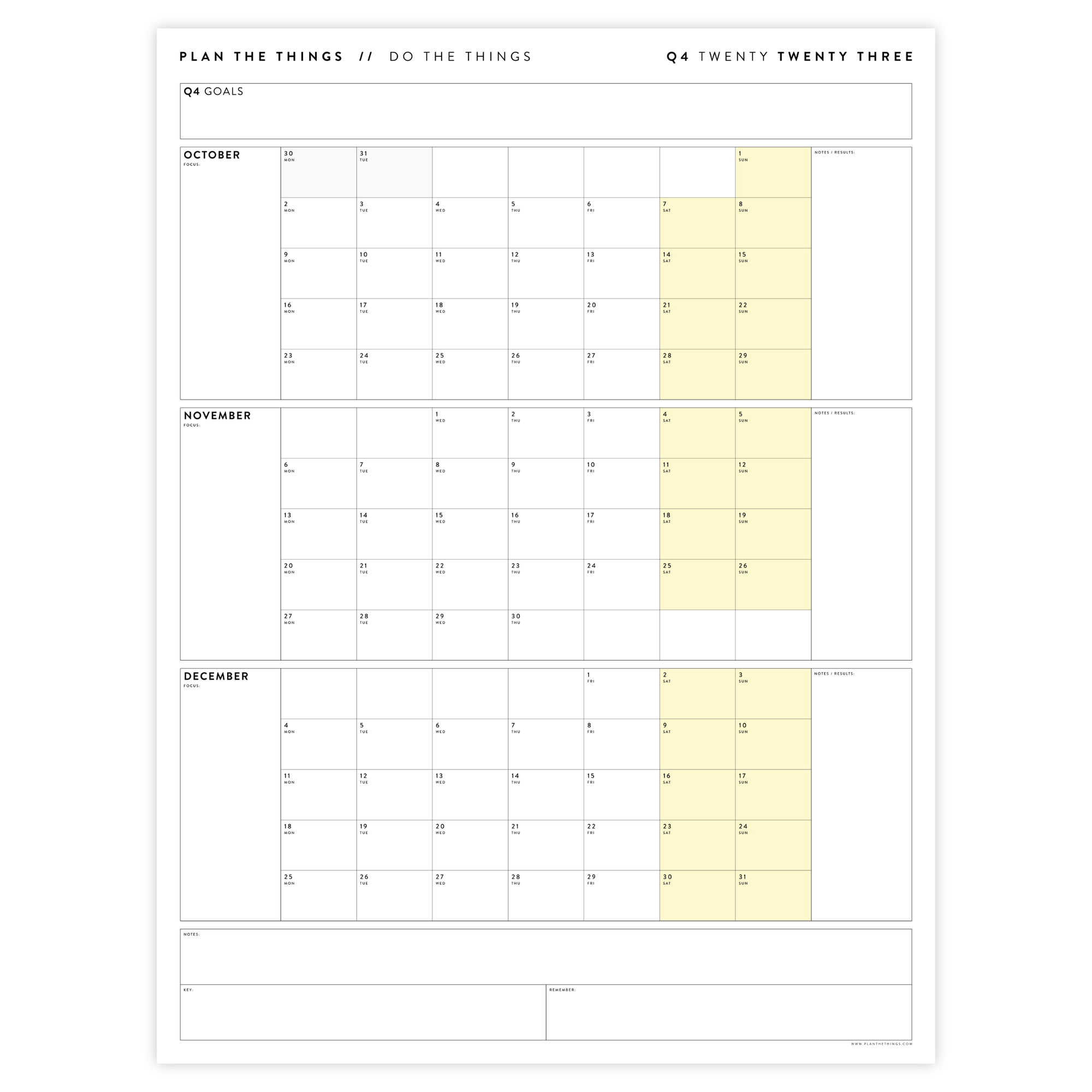 Q4 2023 QUARTERLY GIANT WALL CALENDAR (OCTOBER - DECEMBER 2023) - YELLOW WEEKENDS