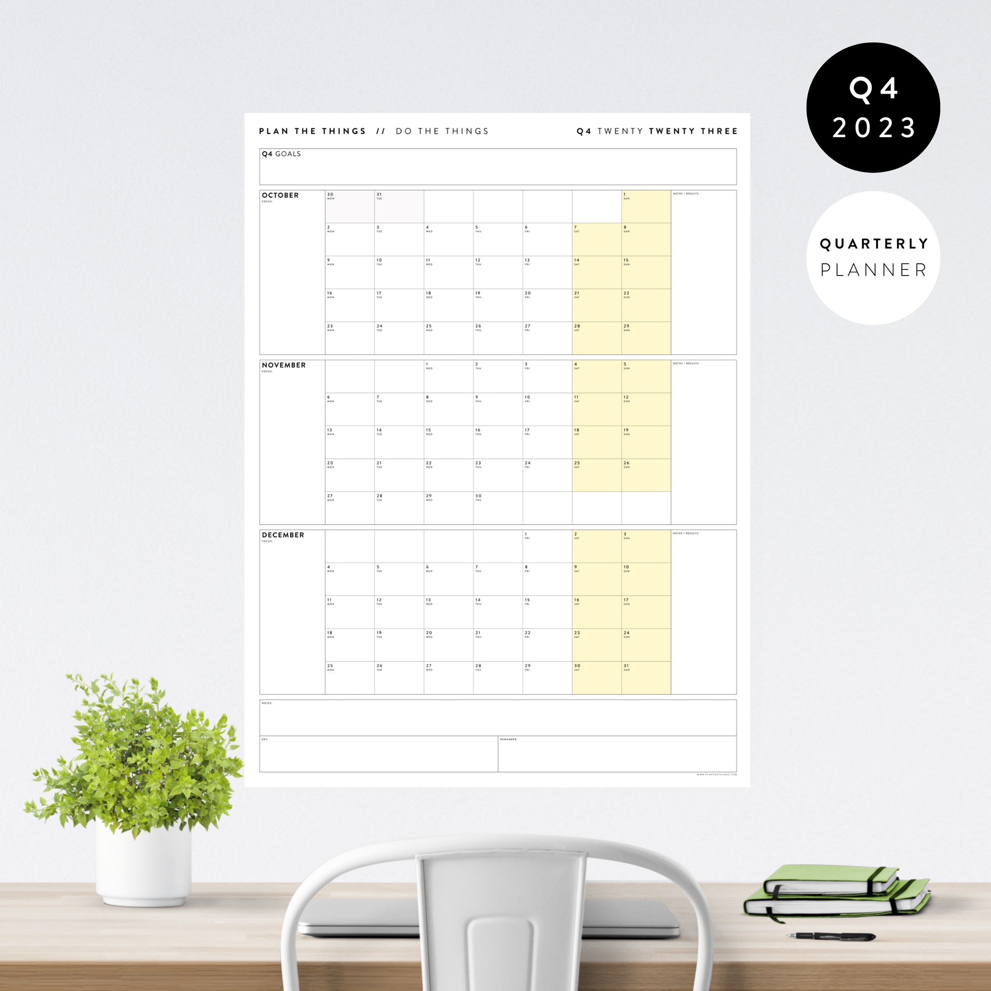 Q4 2023 QUARTERLY GIANT WALL CALENDAR (OCTOBER - DECEMBER 2023) - YELLOW WEEKENDS