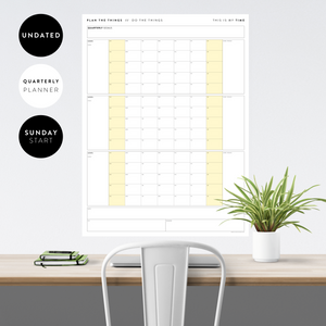 PRINTABLE UNDATED QUARTERLY WALL CALENDAR - SUNDAY START - YELLOW WEEKENDS - INSTANT DOWNLOAD