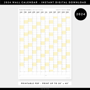 PRINTABLE VERTICAL 2024 WALL CALENDAR WITH YELLOW WEEKENDS - INSTANT DOWNLOAD