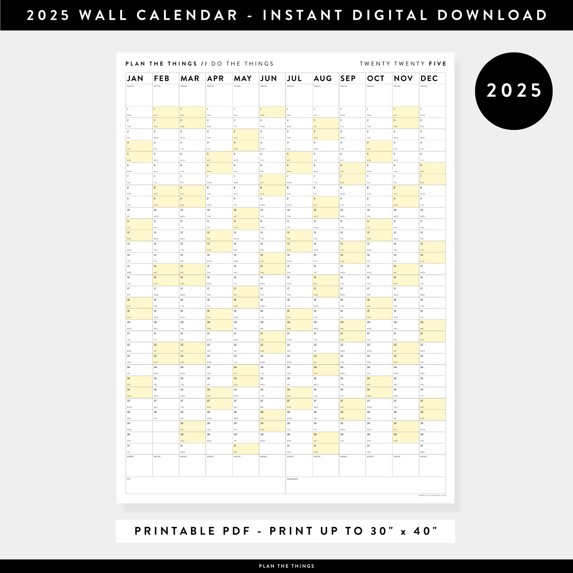PRINTABLE VERTICAL 2025 WALL CALENDAR WITH YELLOW WEEKENDS - INSTANT DOWNLOAD