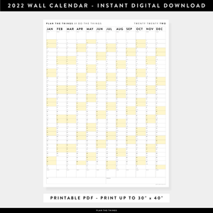 PRINTABLE VERTICAL 2022 WALL CALENDAR WITH YELLOW WEEKENDS - INSTANT DOWNLOAD