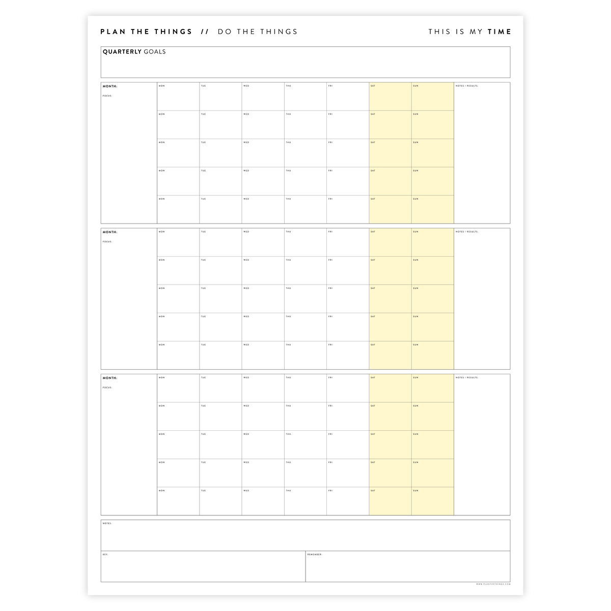 PRINTABLE UNDATED QUARTERLY WALL CALENDAR - MONDAY START - YELLOW WEEKENDS - INSTANT DOWNLOAD