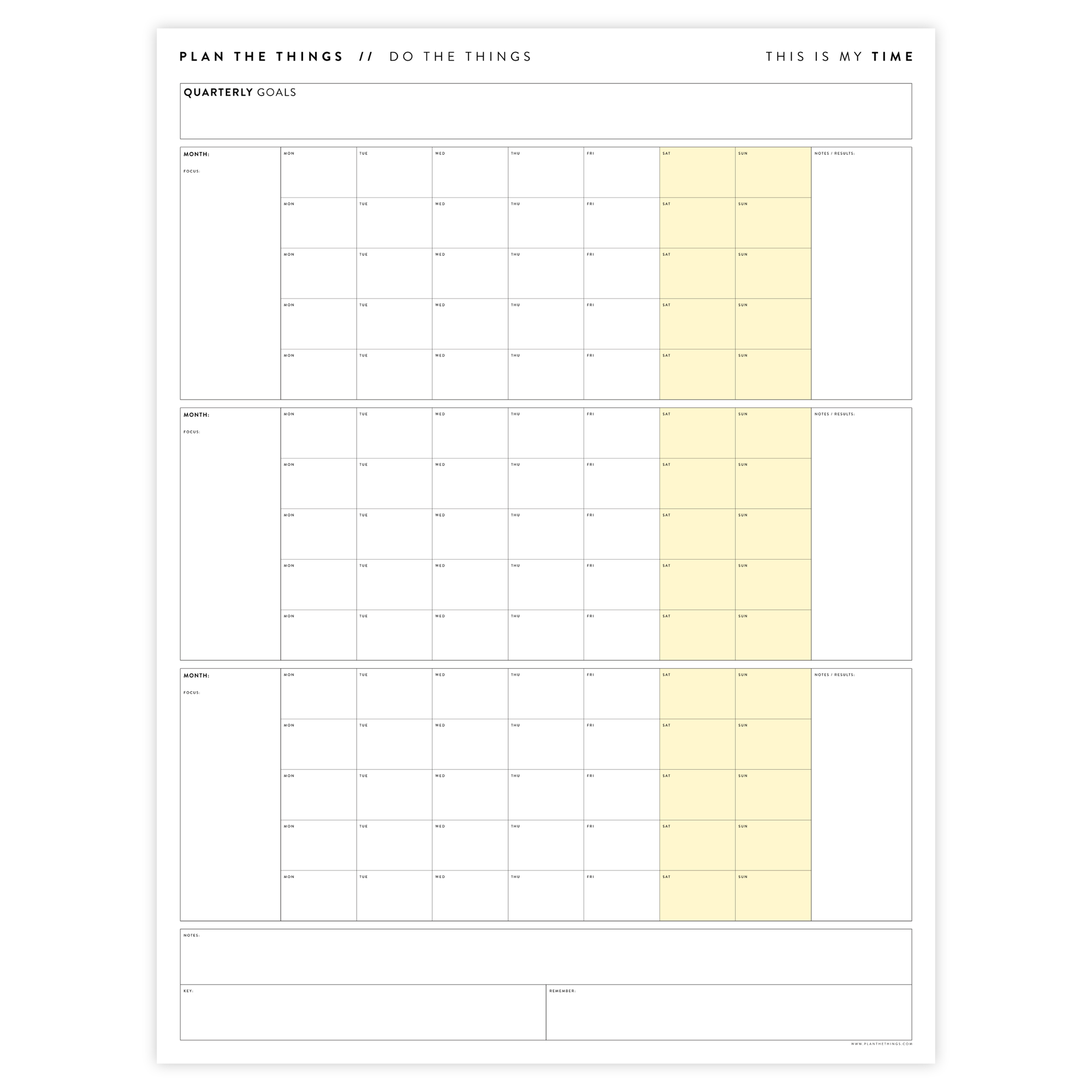 PRINTABLE UNDATED QUARTERLY WALL CALENDAR - MONDAY START - YELLOW WEEKENDS - INSTANT DOWNLOAD