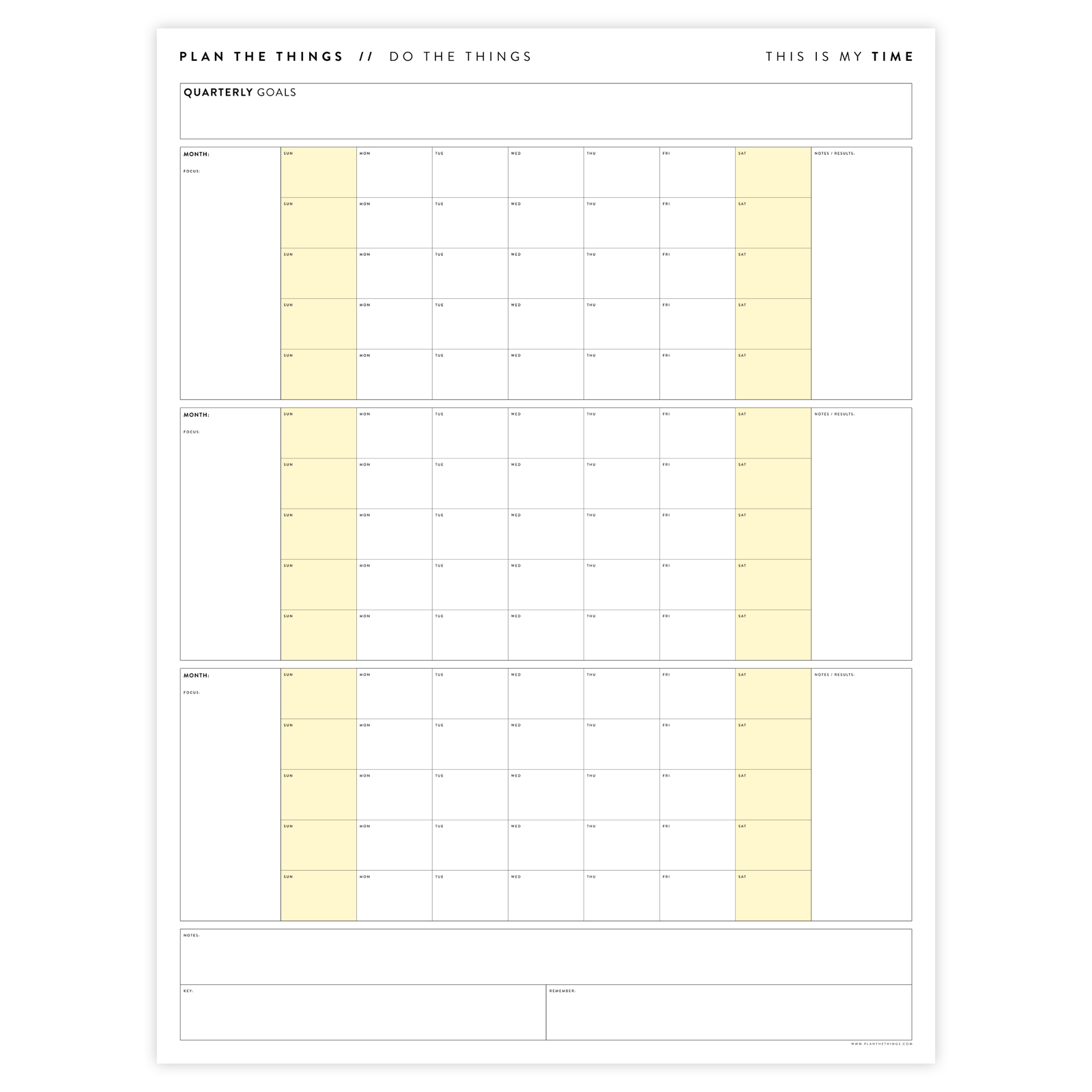 PRINTABLE UNDATED QUARTERLY WALL CALENDAR - SUNDAY START - YELLOW WEEKENDS - INSTANT DOWNLOAD