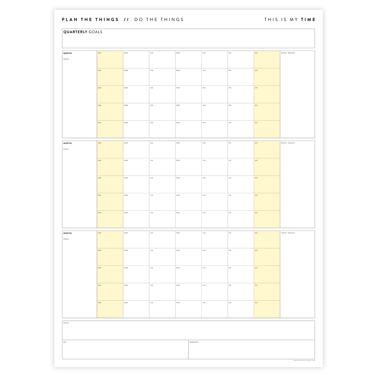 UNDATED QUARTERLY GIANT WALL CALENDAR - SUNDAY START - YELLOW WEEKENDS