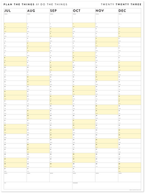 SIX MONTH 2023 GIANT WALL CALENDAR (JULY TO DECEMBER) WITH YELLOW WEEKENDS