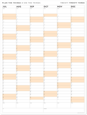 SIX MONTH 2023 GIANT WALL CALENDAR (JULY TO DECEMBER) WITH ORANGE WEEKENDS
