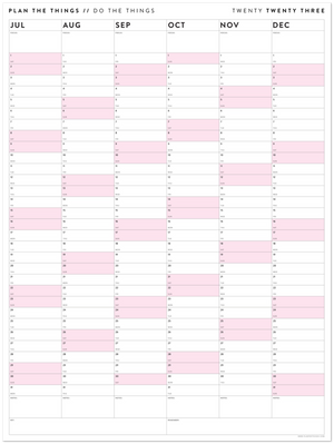 SIX MONTH 2023 GIANT WALL CALENDAR (JULY TO DECEMBER) WITH PINK WEEKENDS