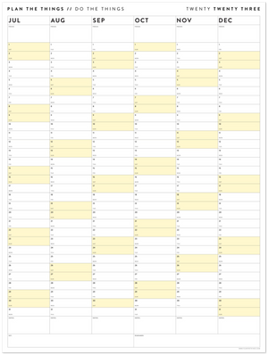 SIX MONTH 2023 GIANT WALL CALENDAR (JULY TO DECEMBER) WITH YELLOW WEEKENDS