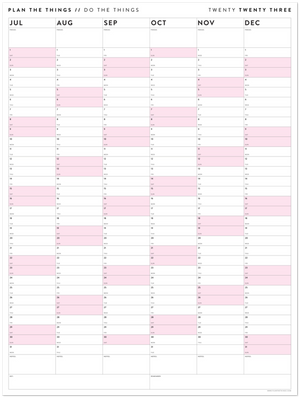 SIX MONTH 2023 GIANT WALL CALENDAR (JULY TO DECEMBER) WITH PINK WEEKENDS