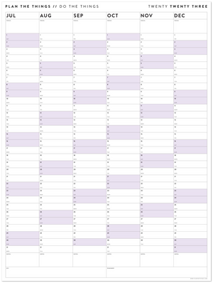 SIX MONTH 2023 GIANT WALL CALENDAR (JULY TO DECEMBER) WITH PURPLE WEEKENDS