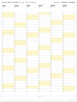 SIX MONTH 2023 GIANT WALL CALENDAR (JULY TO DECEMBER) WITH YELLOW WEEKENDS