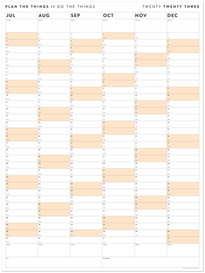 SIX MONTH 2023 GIANT WALL CALENDAR (JULY TO DECEMBER) WITH ORANGE WEEKENDS