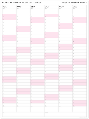 SIX MONTH 2023 GIANT WALL CALENDAR (JULY TO DECEMBER) WITH PINK WEEKENDS