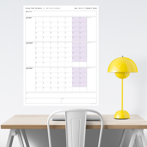 QUARTERLY WALL CALENDAR - Q4 2021 - VERTICAL WITH PURPLE WEEKENDS