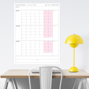 QUARTERLY WALL CALENDAR - Q4 2021 - VERTICAL WITH PINK WEEKENDS